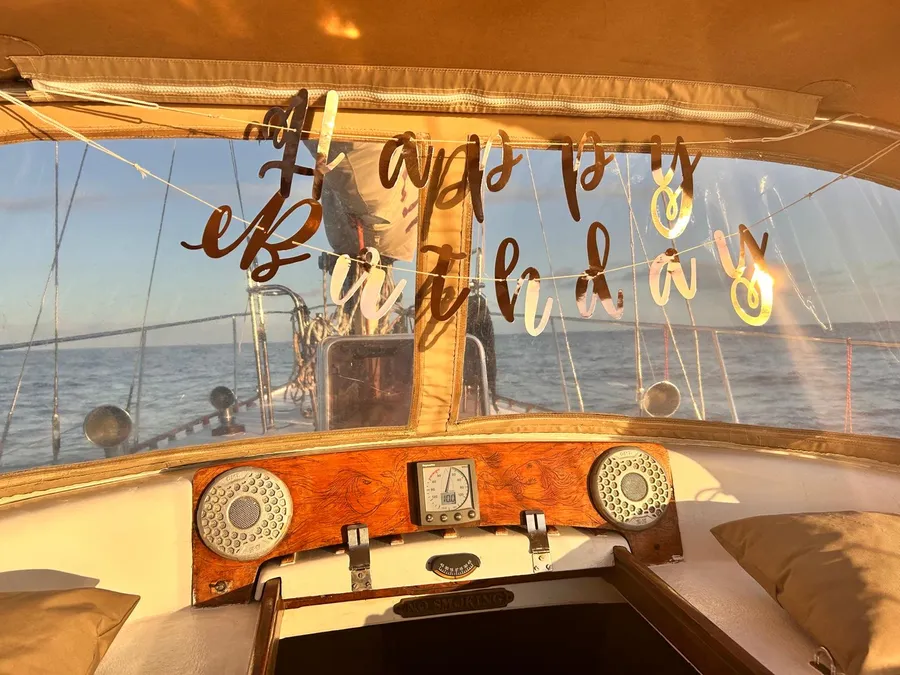 A Happy Birthday garland in the cockpit of Spica